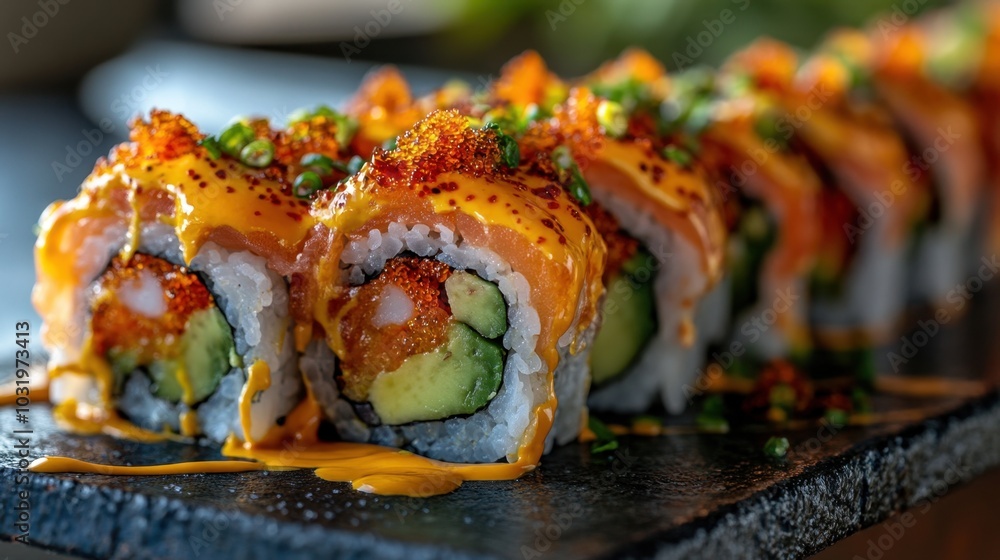 A vibrant platter of colorful sushi rolls with fresh ingredients displayed elegantly on a black slate board A vibrant platter of colorful sushi rolls with fresh ingredients displayed elegantly on a black slate board