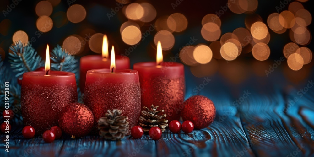 Four red glittering candles with their warm glowing flames create a cozy holiday ambiance, surrounded by pine cones and festive decorations on a shimmering wooden surface Four red glittering candles with their warm glowing flames create a cozy holiday ambiance, surrounded by pine cones and festive decorations on a shimmering wooden surface