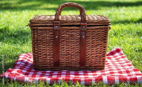A rustic picnic basket placed on a red checkered blanket in a sunny park