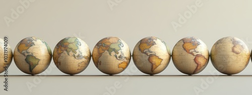 Identical globes aligned, continents highlighted, showcasing global diversity and interconnectedness, educational and visually striking photo