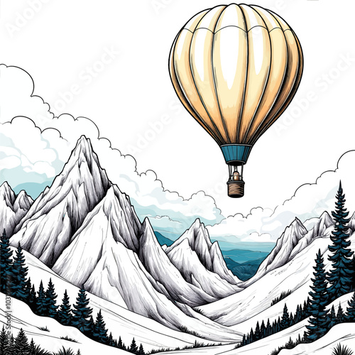 Hot Air Balloon Over Snowy Mountains  
