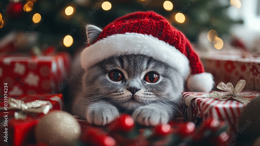 Gray Kitten in Santa Hat Surrounded by Christmas Gifts and Decorations Gray Kitten in Santa Hat Surrounded by Christmas Gifts and Decorations