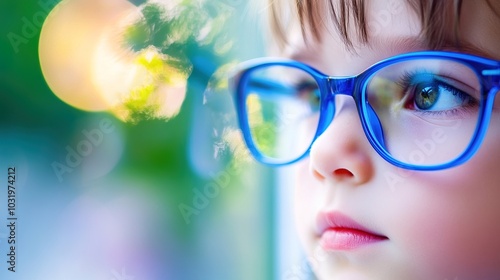 Young child wearing blue glasses focusing on distant tree outside window, symbolizing myopia prevention and importance of outdoor activities.