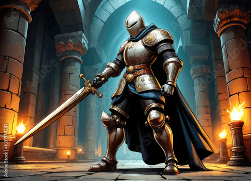 Knight in Armor with Sword in a Stone Hallway