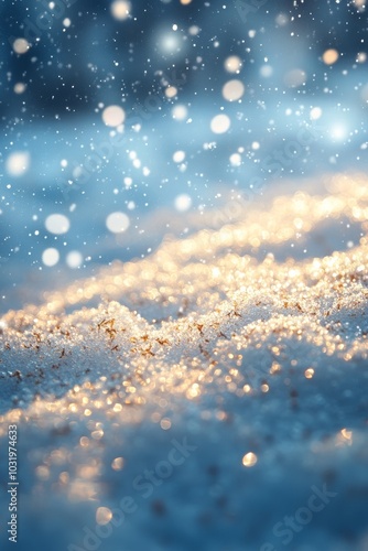 A tranquil winter wonderland with shimmering frost and soft snowflakes at sunset