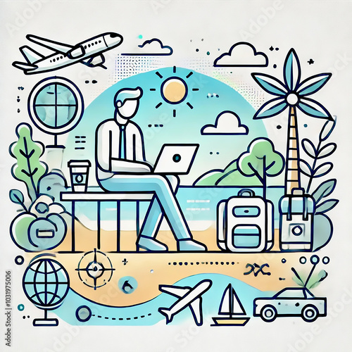 Freelancer's Beachside Work Paradise - A Digital Nomad's Journey with Laptops, Airplanes, and Nature, Embracing the Sea Breeze and Sunlight for Ultimate Productivity and Relaxation in Illustration