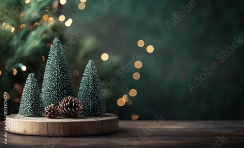 A festive display featuring miniature green trees and a circular platform on ...