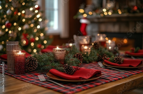 A cozy Christmas dining setup with a decorated tree, stockings and warm firep...