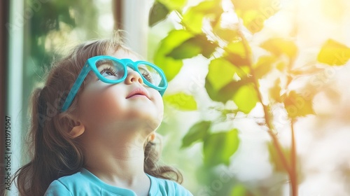 Young child wearing blue glasses focusing on distant tree outside window, symbolizing myopia prevention and importance of outdoor activities.