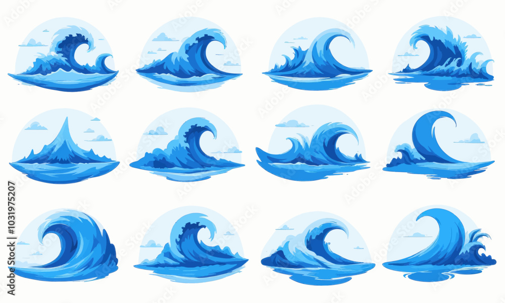 Ocean Waves Set, Cartoon Style, Blue Color, Sea Foam, Wave Crest, Water, Surf, Ocean, Sea, Nature, Illustration, Design Ocean Waves Set, Cartoon Style, Blue Color, Sea Foam, Wave Crest, Water, Surf, Ocean, Sea, Nature, Illustration, Design