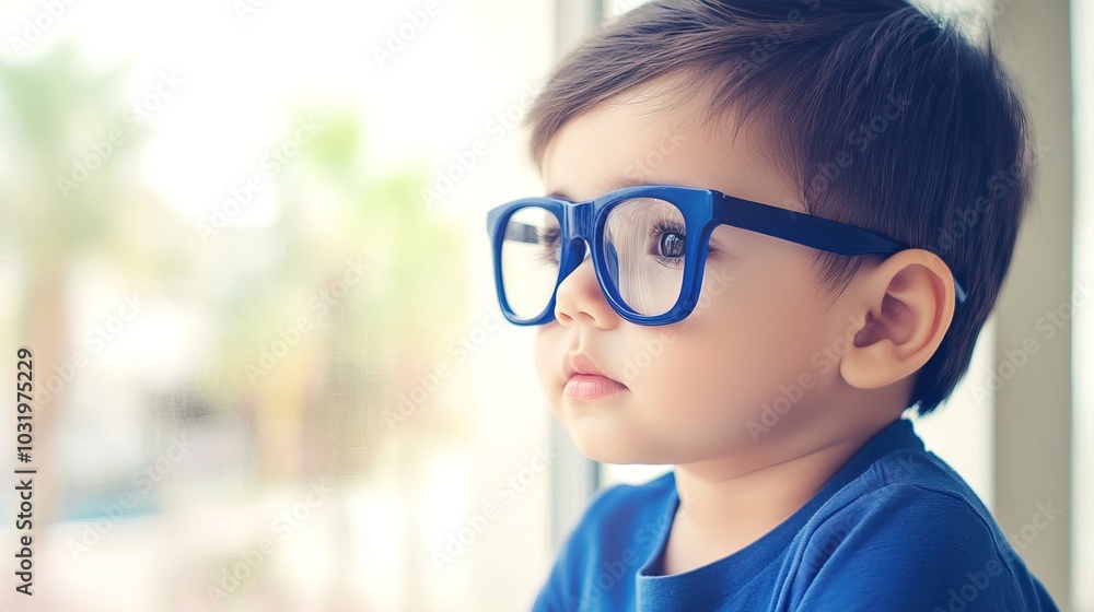 Young child wearing blue glasses focusing on distant tree outside window, symbolizing myopia prevention and importance of outdoor activities. Young child wearing blue glasses focusing on distant tree outside window, symbolizing myopia prevention and importance of outdoor activities.
