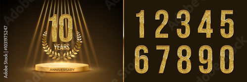 Anniversary gold award podium with glittering numbers set template. Celebration birthday or jubilee golden vector background. Luxury stage with laurel wreath, glowing rays, number 10 on black.