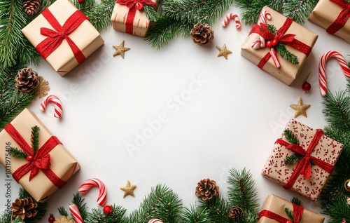 Colorful holiday gift boxes arranged with festive decorations on a light back...