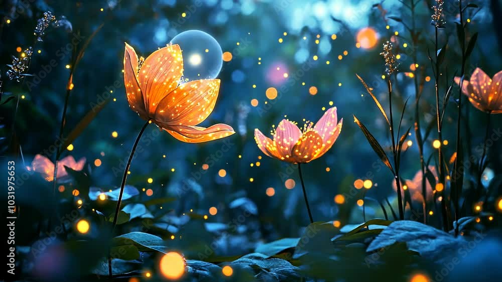 Two glowing flowers bloom in a forest, illuminated by fireflies Two glowing flowers bloom in a forest, illuminated by fireflies