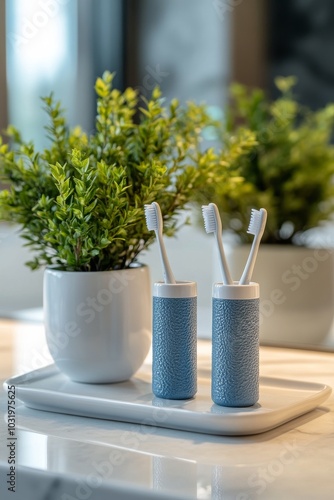 Two blue grooming tools beside a potted plant and a white bowl in a cozy bath...