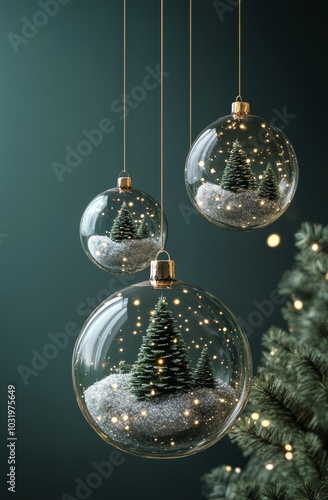 Beautiful glass ornament showcasing miniature trees and festive decorations i...