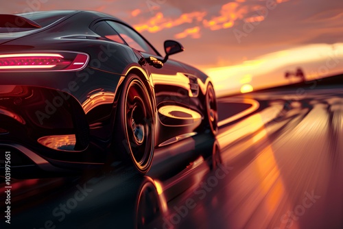 A sports car driving on a highway at sunset