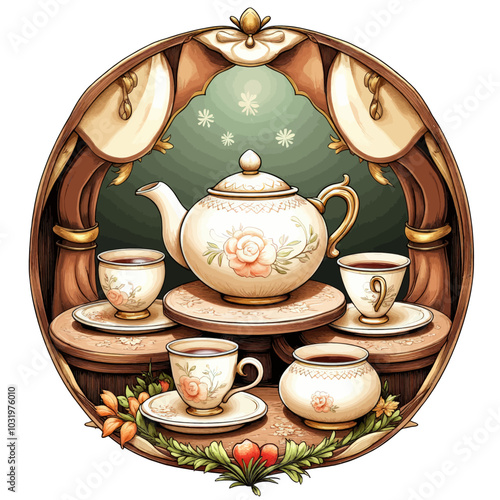 Ornate Tea Set with Floral Decorations  
