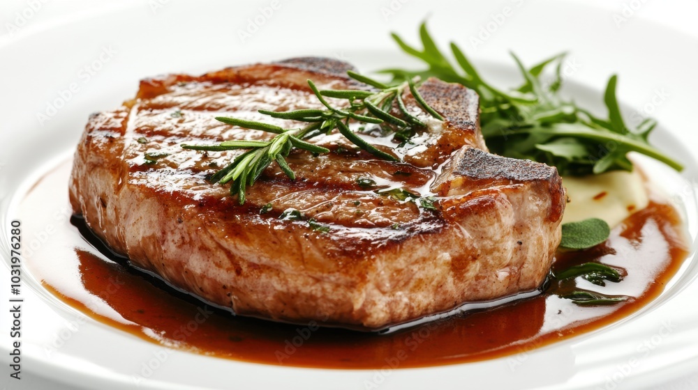 Savory grilled steak garnished with herbs served on a white plate with a rich sauce and greens in a fine dining setting Savory grilled steak garnished with herbs served on a white plate with a rich sauce and greens in a fine dining setting
