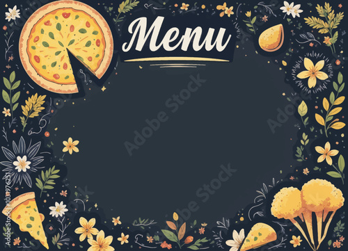Pizza Menu Chalkboard Background with Flowers