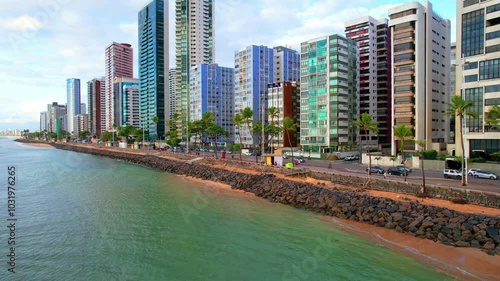 Praia de Boa viagem na Cidade do Recife no estado de Pernambuco no Brasil visto de cima com drone 4k photo