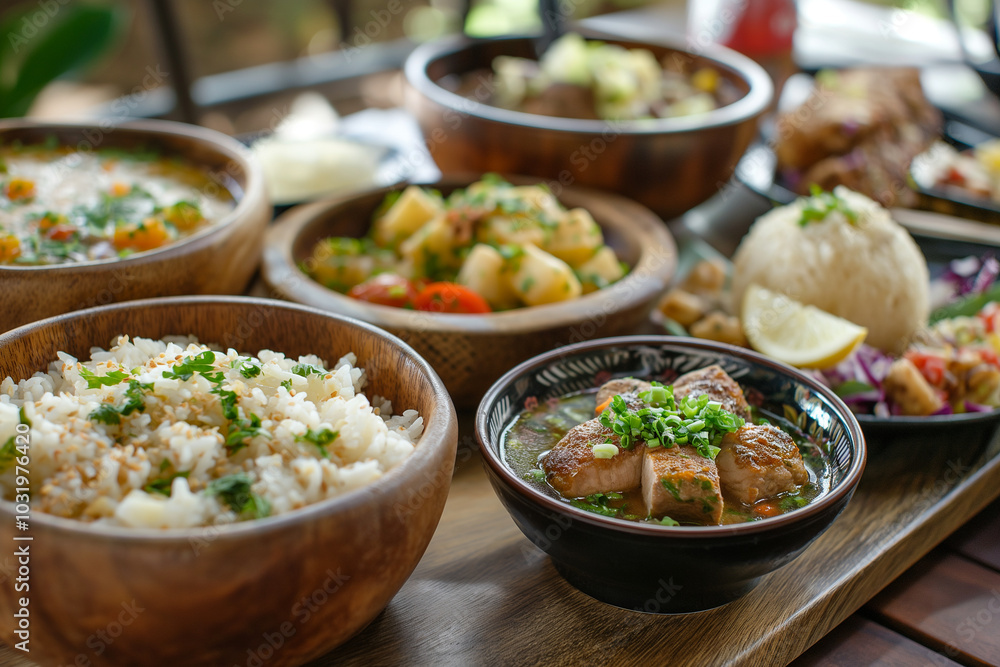 A wooden tray with a variety of food, including rice, soup, and meat A wooden tray with a variety of food, including rice, soup, and meat