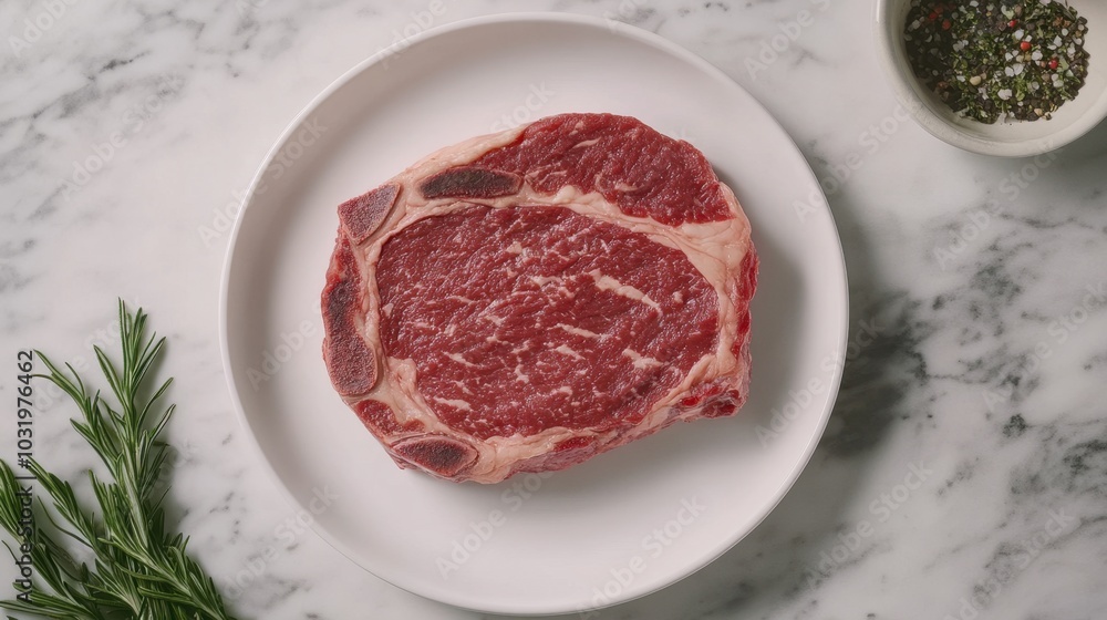 Freshly cut ribeye steak with marbled texture on a white plate surrounded by herbs and spices on a marble countertop Freshly cut ribeye steak with marbled texture on a white plate surrounded by herbs and spices on a marble countertop