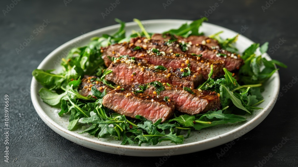 Succulent grilled steak resting on a bed of fresh arugula garnished with herbs in a rustic kitchen setting Succulent grilled steak resting on a bed of fresh arugula garnished with herbs in a rustic kitchen setting