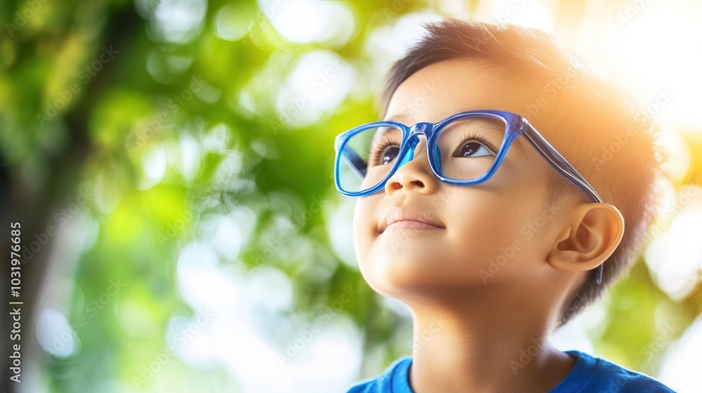 Young child wearing blue glasses focusing on distant tree outside window, symbolizing myopia prevention and importance of outdoor activities. Young child wearing blue glasses focusing on distant tree outside window, symbolizing myopia prevention and importance of outdoor activities.