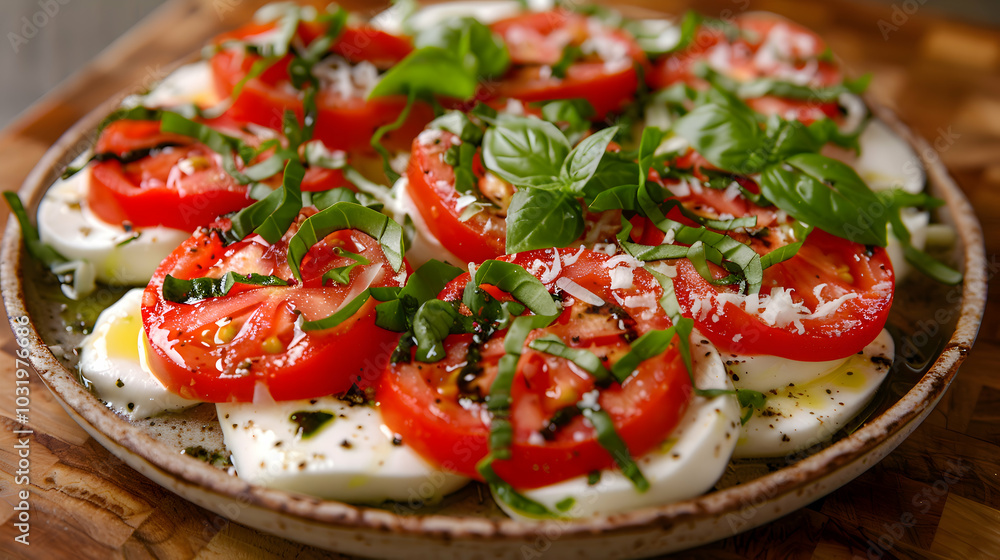 A plate of Caprese salad with fresh mozzarella, tomatoes, and basil A plate of Caprese salad with fresh mozzarella, tomatoes, and basil