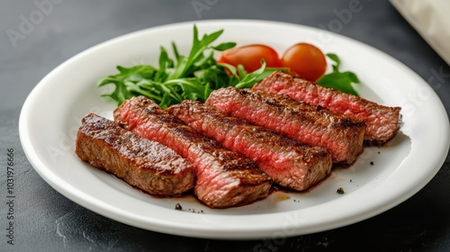 Juicy grilled steak with vibrant greens and cherry tomatoes garnished on a white plate ready for a delicious meal