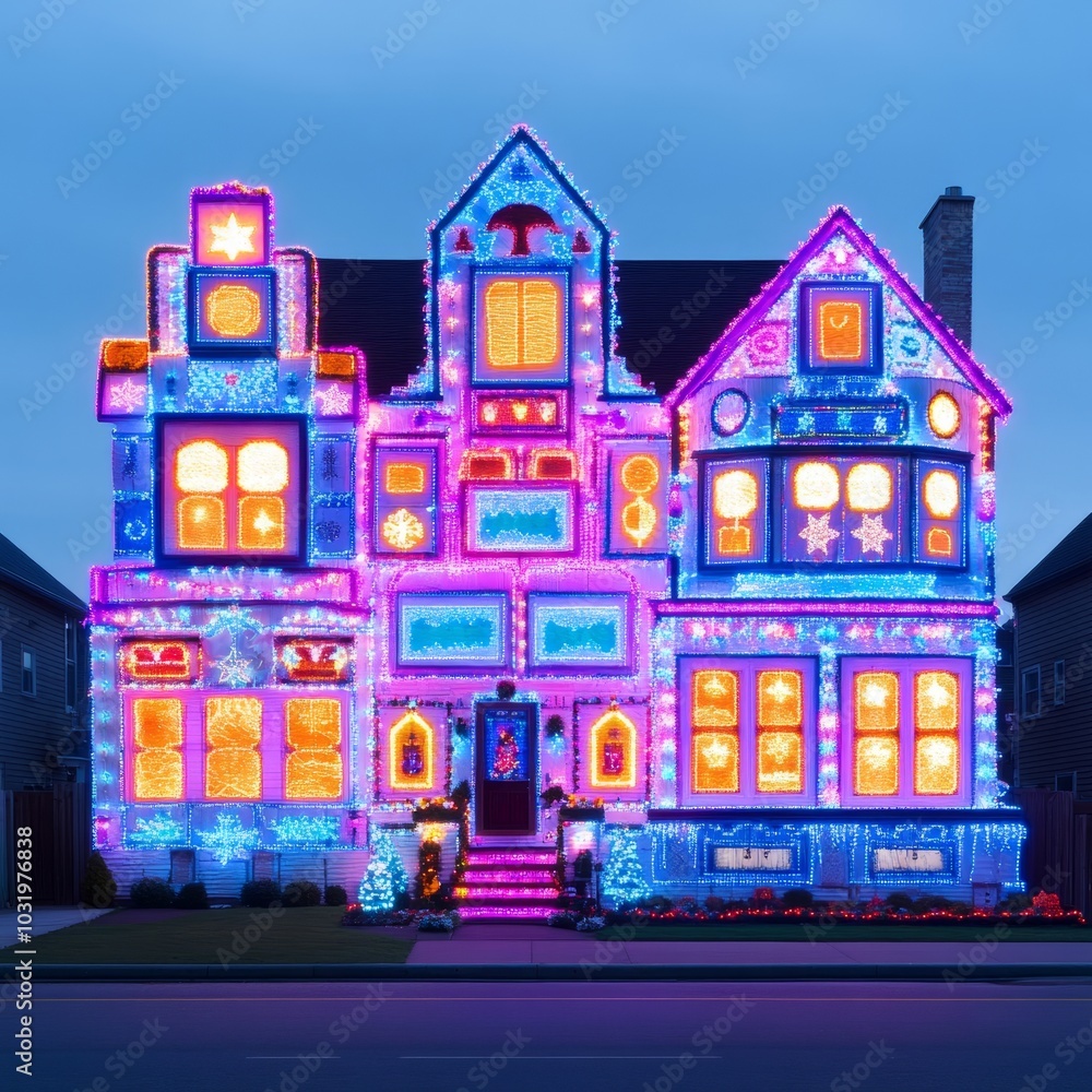 Naklejka premium A brightly lit house decorated with colorful holiday lights.