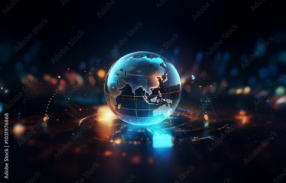 A glowing blue and orange globe with continent outlines sits atop a dark, textured surface, with blurred lights reflecting in the background. A glowing blue and orange globe with continent outlines sits atop a dark, textured surface, with blurred lights reflecting in the background.
