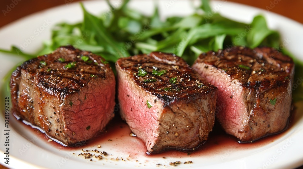 Savor the mouthwatering delight of perfectly seared steak with fresh greens on a rustic wooden table Savor the mouthwatering delight of perfectly seared steak with fresh greens on a rustic wooden table