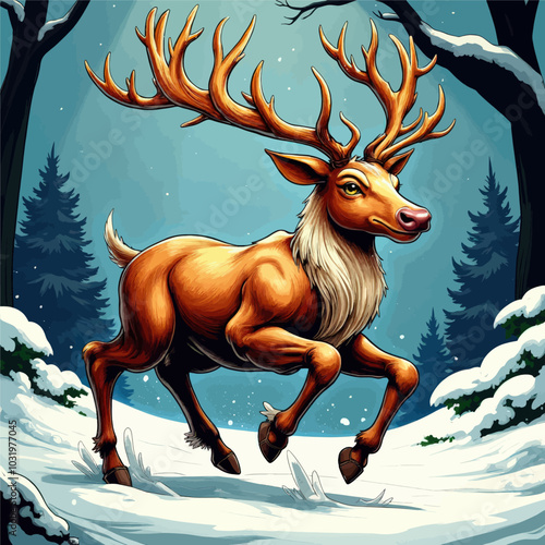 Reindeer Running Through Winter Forest 
