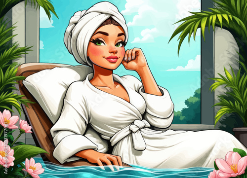 Relaxing Woman in Spa Robe by Window