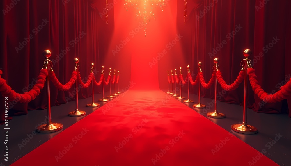 Elegant red carpet leading to a spotlight in a glamorous event setting Elegant red carpet leading to a spotlight in a glamorous event setting