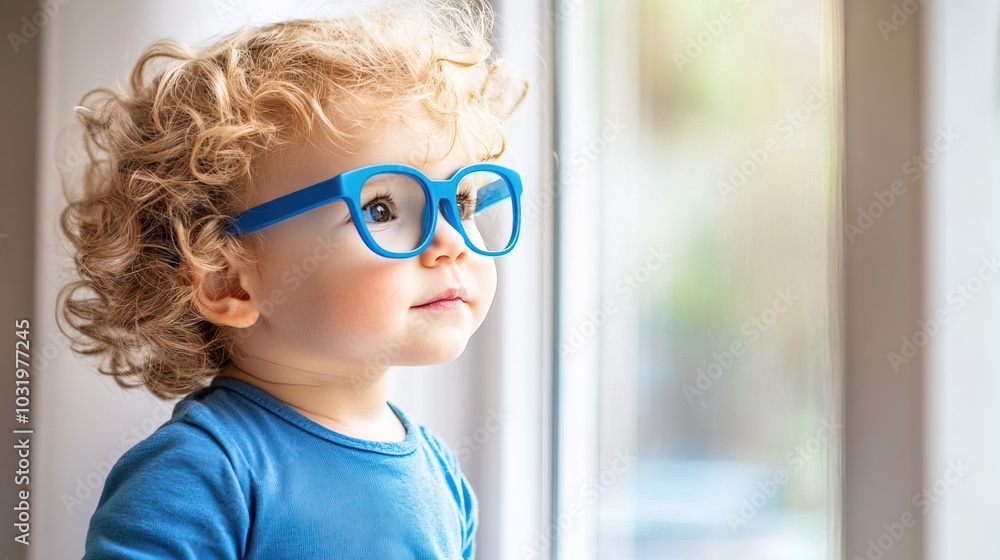 Young child wearing blue glasses focusing on distant tree outside window, symbolizing myopia prevention and importance of outdoor activities. Young child wearing blue glasses focusing on distant tree outside window, symbolizing myopia prevention and importance of outdoor activities.