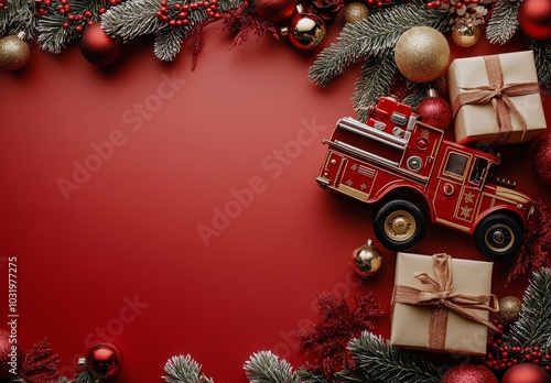 Festive holiday decorations featuring a toy fire truck and wrapped gifts on a...