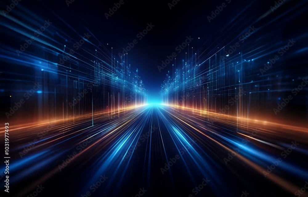 Abstract digital art with a glowing blue road through an illuminated city. Abstract digital art with a glowing blue road through an illuminated city.