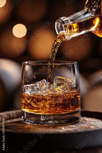 Pouring a rich amber whiskey over ice in a glass, showcasing craftsmanship an...