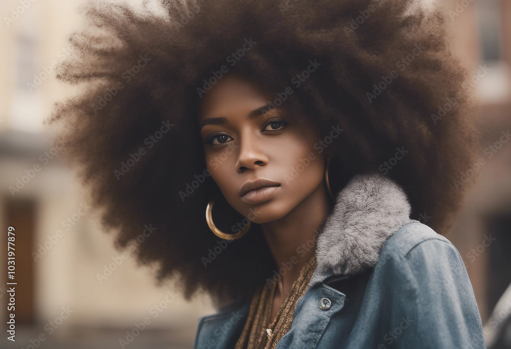 A young beautiful black woman showcasing her natural beauty, her afro hair embracing its natural texture Fashion model portrait Trendy girl in jacket and big earings A young beautiful black woman showcasing her natural beauty, her afro hair embracing its natural texture Fashion model portrait Trendy girl in jacket and big earings