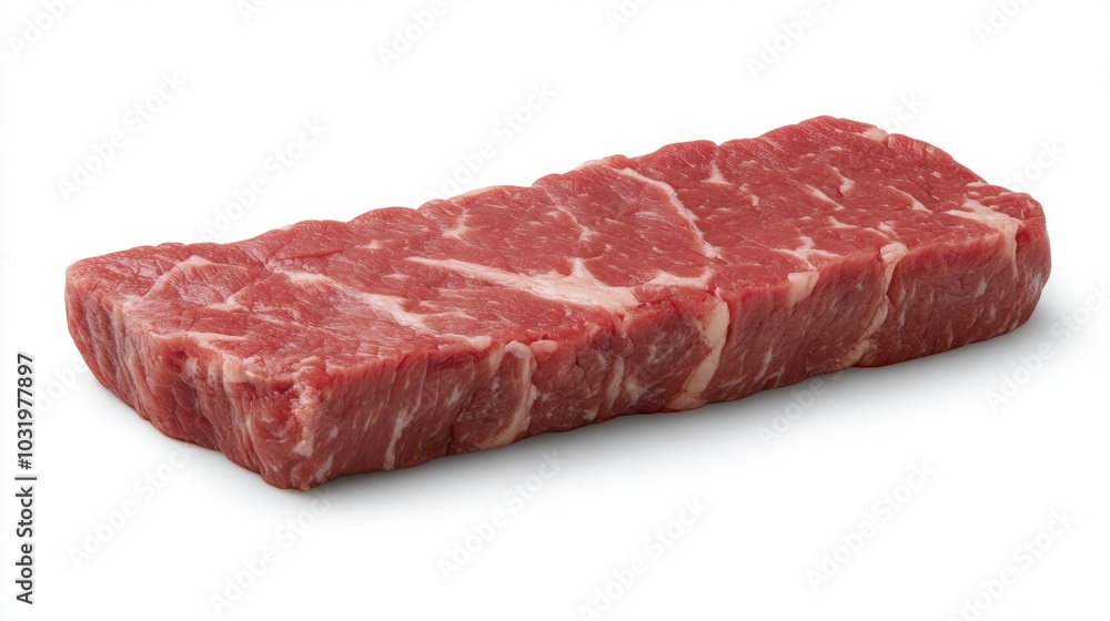 Obraz premium Succulent cut of fresh beef resting on a clean surface, ready for culinary preparation in a home kitchen setting
