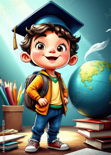 Smiling Boy Wearing Graduation Cap and Backpack Next to Globe