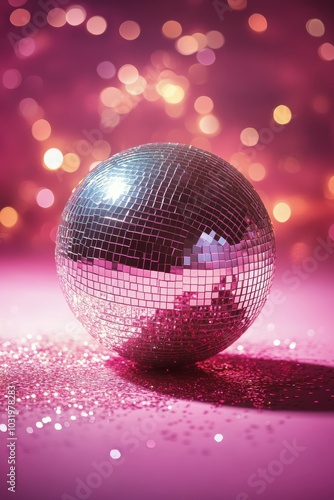 Shimmering disco ball on a vibrant pink background with sparkling lights in t...