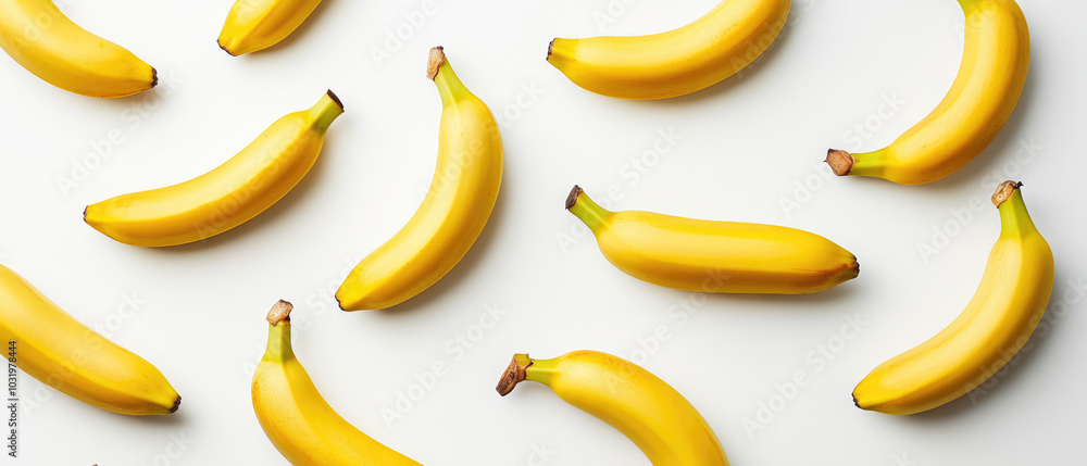 Top view of Banana fruits scattered in random positions on a white background Top view of Banana fruits scattered in random positions on a white background