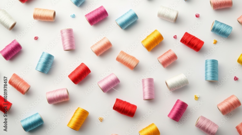 A variety of colorful sewing threads scattered randomly across a clean white surface, capturing the artistic chaos of a creative workspace A variety of colorful sewing threads scattered randomly across a clean white surface, capturing the artistic chaos of a creative workspace