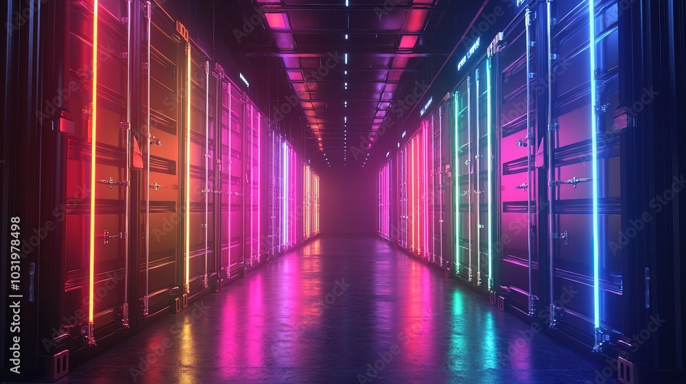 Glowing neon cargo containers in futuristic digital high-tech shipping Glowing neon cargo containers in futuristic digital high-tech shipping