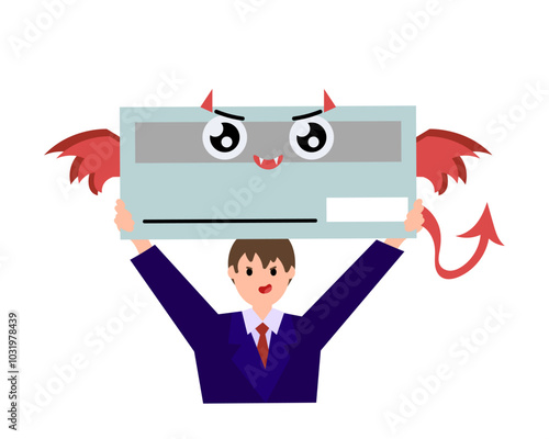 Happy guy holding devil face check, rejected check. Vector simple color flat illustration.