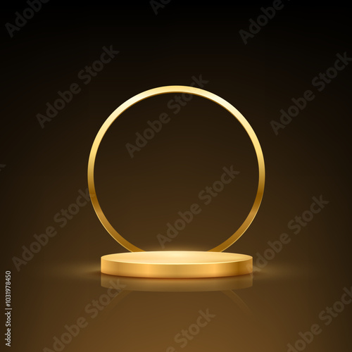 Gold award podium. Empty 3d golden empty stage with light glowing round frame. Luxury product presentation, winner ceremony, trophy prize. Abstract vector illustration.